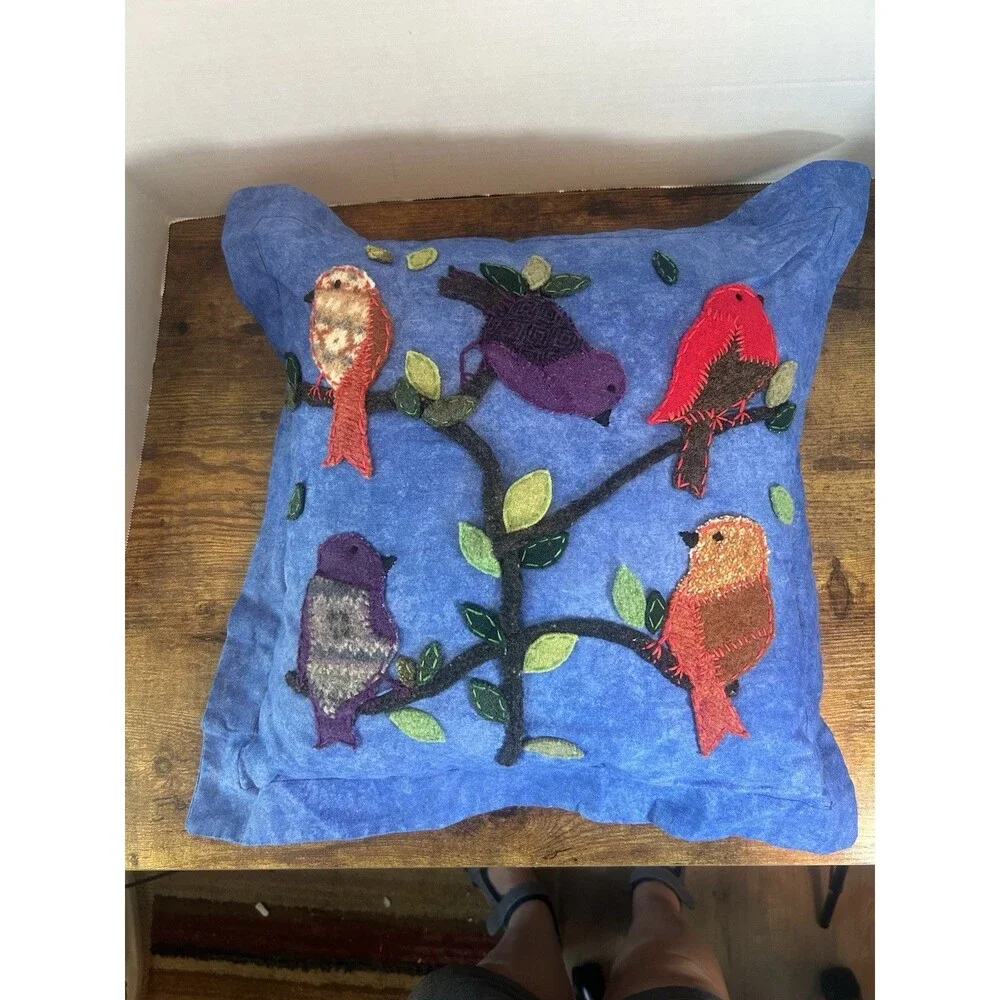 Handmade Blue Bird Pillow Cover Folk Art Throw Cushion 17x17 Removable Case